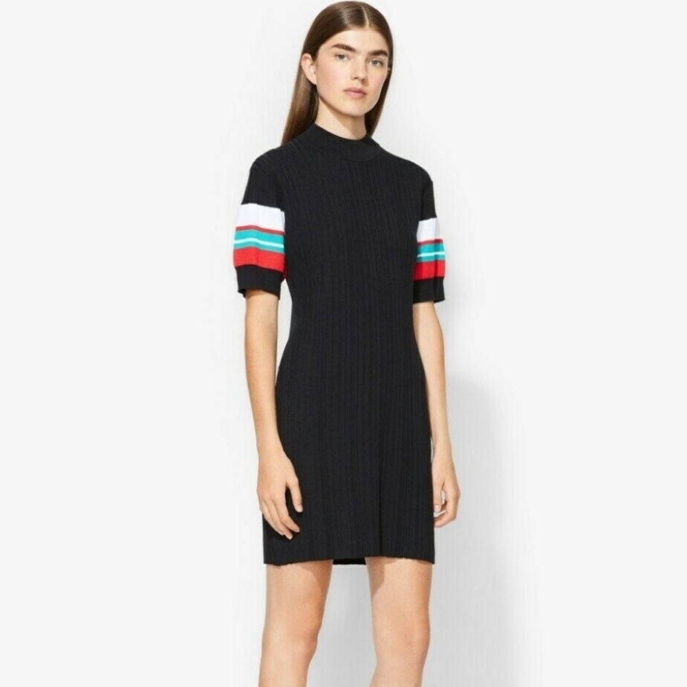 Proenza Schouler Black Knit Dress with Red, Teal and White Sleeve Stripes